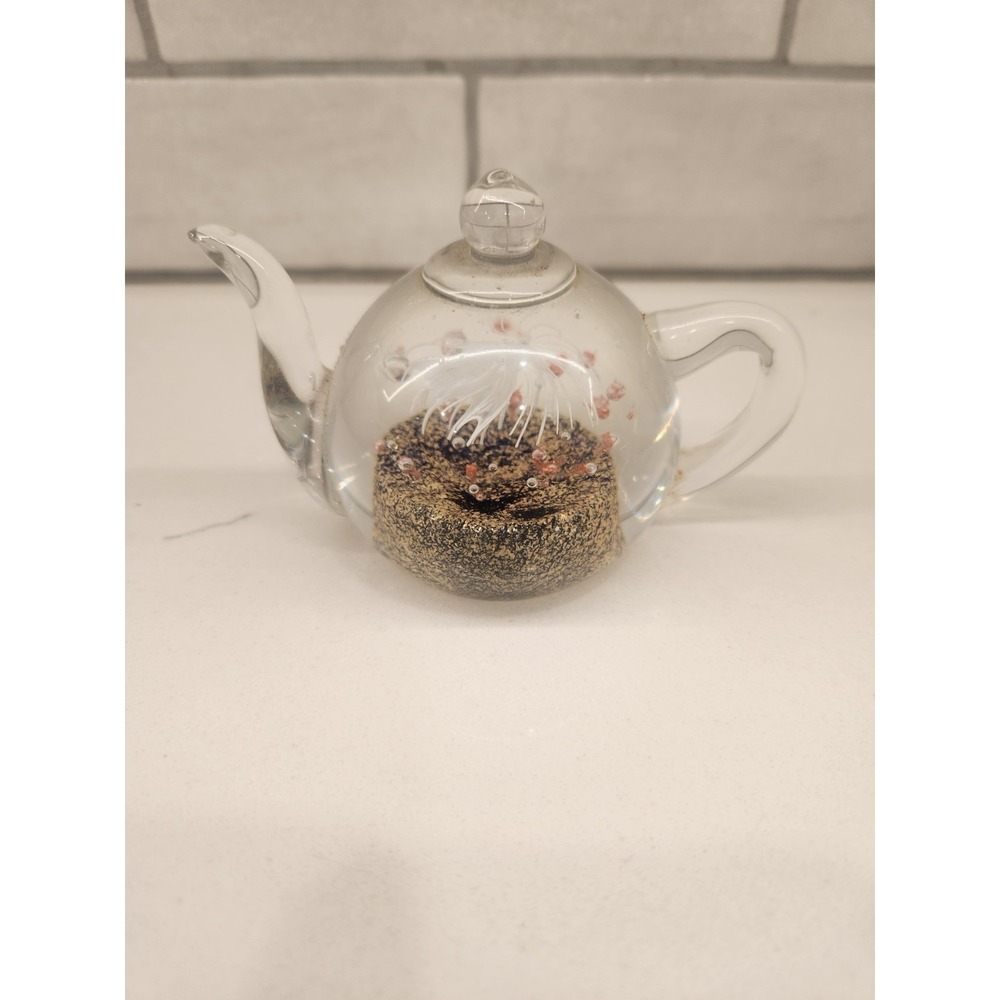 Dynasty Gallery Art Glass Blown Teapot Paperweight with Pink Gold And White 3"